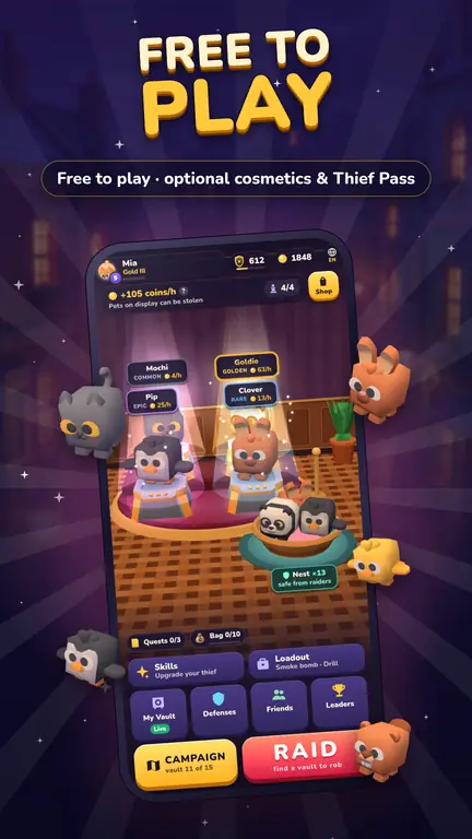 Home screen with the free-to-play rewards, Campaign and Raid buttons