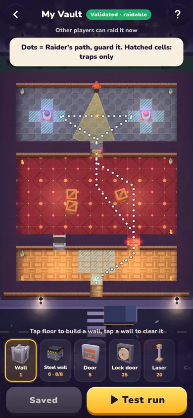 The vault builder: a camera cone, two lasers, pressure plates and the dotted path a raider is expected to take